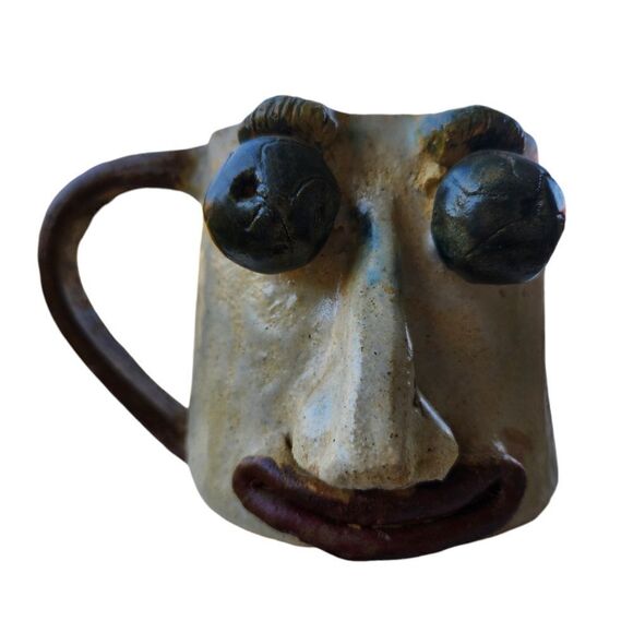 Ugly Face Pottery Mug Big Eyeballs Clay Coffee cup Brown Tan Beige Vintage Heavy - Picture 1 of 10